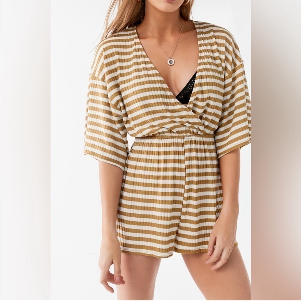 Urban Outfitters Ribbed Striped Surplice V-Neck Romper Gold Yellow White Small